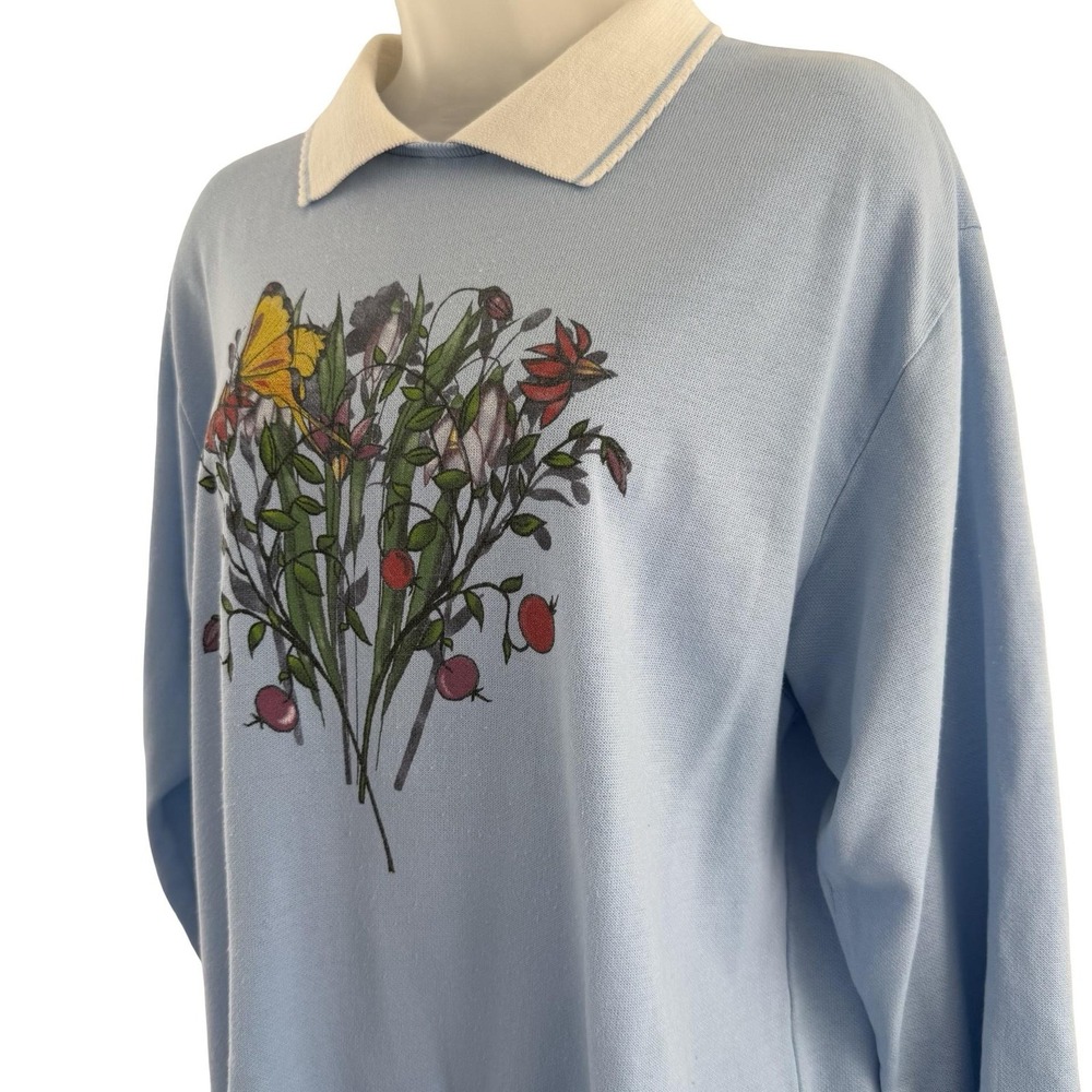 Vintage Sweatshirt Womens XL Blue Floral Butterfly Collar Retro 90s Cottagecore - Picture 6 of 16
